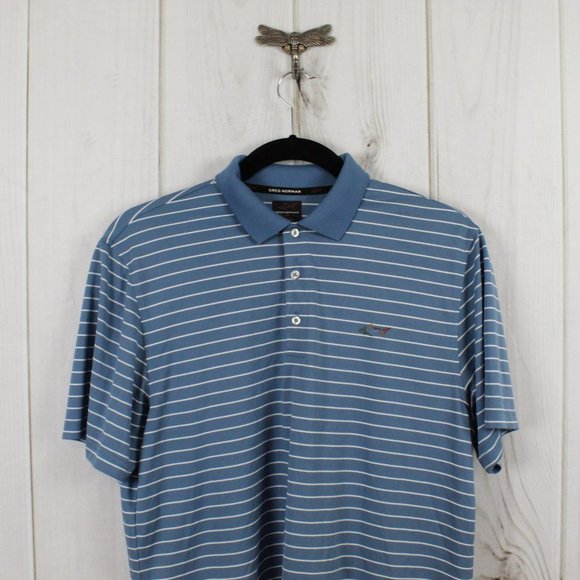 Greg Norman For Tasso Elba Five Iron Blue Striped Golf Polo Collared Shirt Large - Picture 2 of 8